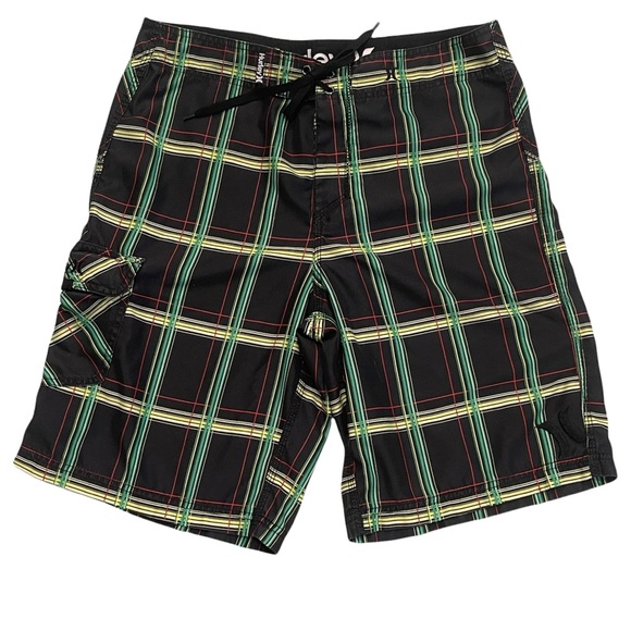 HURLEY Black and Green Plaid Board Shorts Swim Bottoms Size 32 - Picture 1 of 12